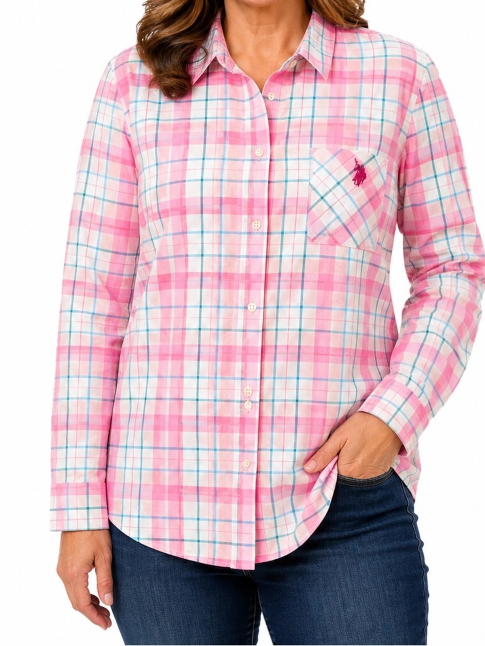 U.S. Polo Assn. Women's Pink Plaid Button Down Shirt